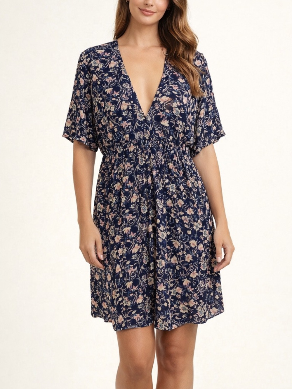 Natural Life Catalog V neck Floral Navy Blue
Sun Dress pockets Ladies  L/XL GUC